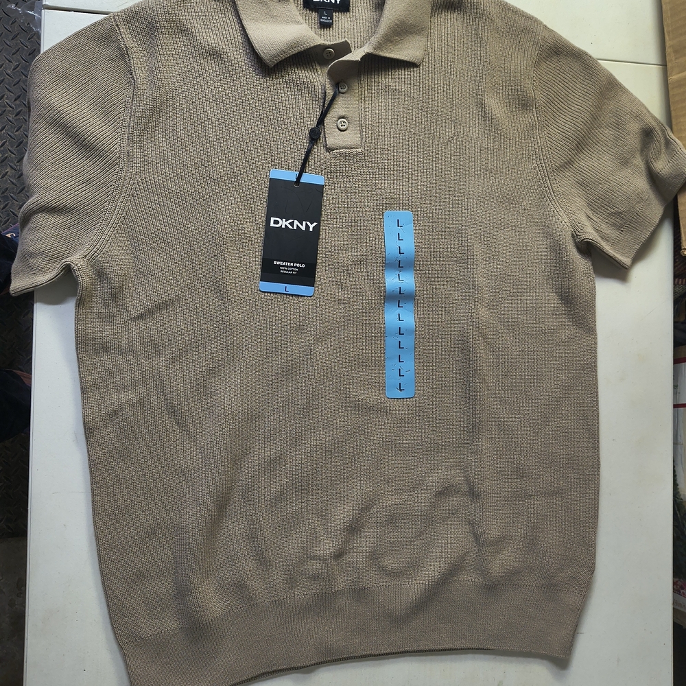 DKNY Men's Tan Sweater Polo Shirt Sz L